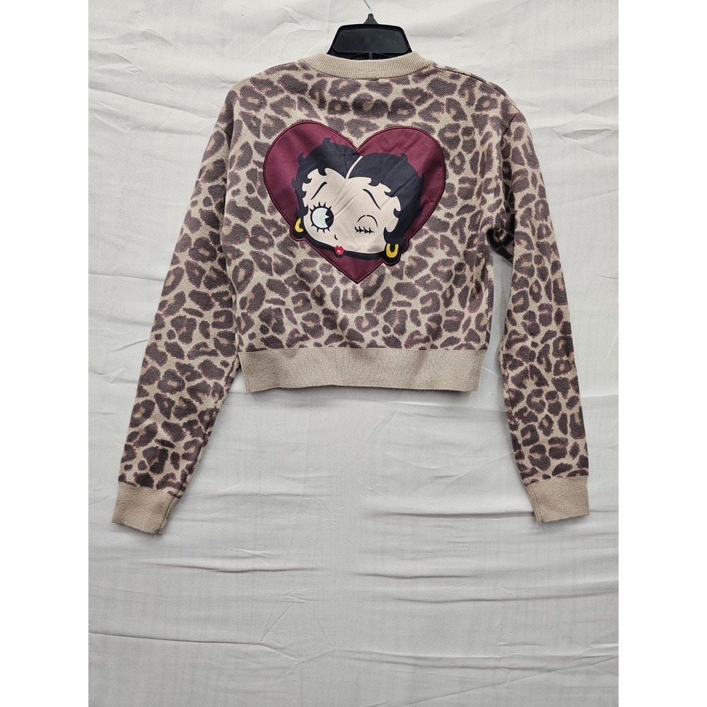 Betty Boop Leopard Print Cropped Cardigan Brown Heart Graphic XXS T004128001 - Picture 2 of 8